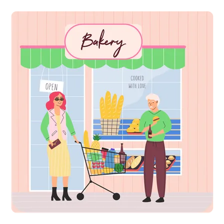 Mujer rica comprando comestibles viendo a un anciano pobre  Ilustración