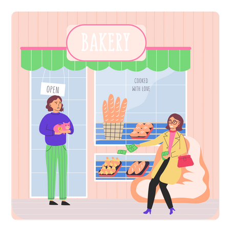 Mujer rica dando dinero al dueño de una panadería pobre  Ilustración