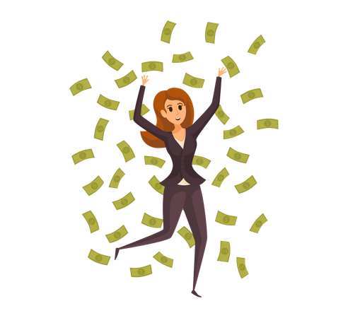 Mujer rica feliz tirando dinero  Ilustración