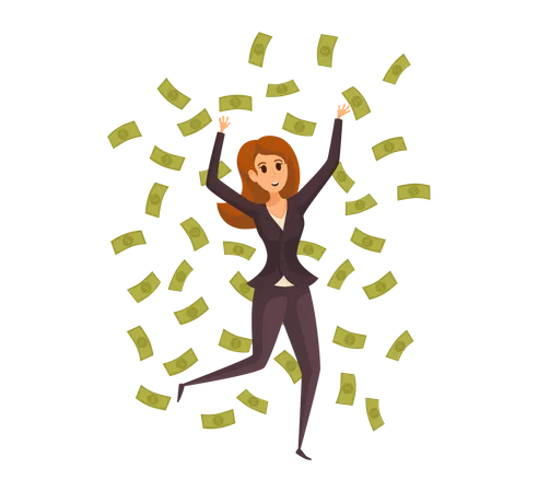 Mujer rica feliz tirando dinero  Ilustración