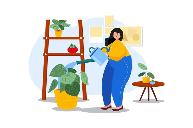 Mujer regar planta de interior  Ilustración