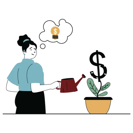 Mujer regando planta de inversión  Ilustración