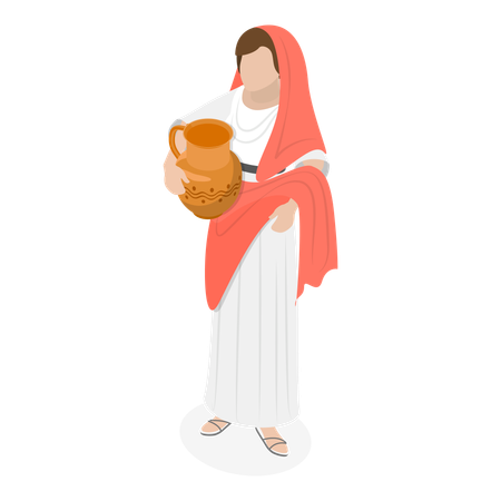 Mujer romana de pie con una antigua olla en la mano  Ilustración