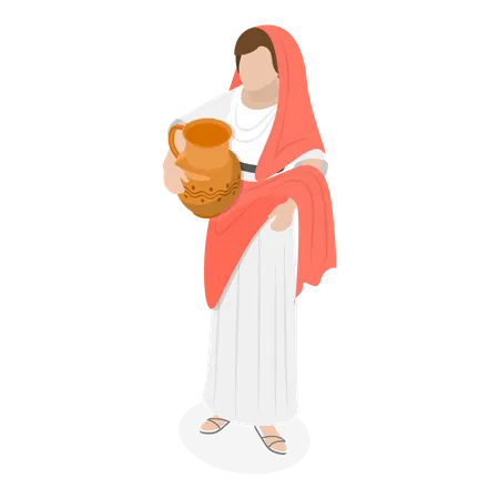 Mujer romana de pie con una antigua olla en la mano  Ilustración