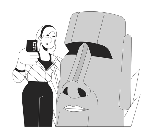 Mujer rubia feliz tomando selfie con estatua moai  Ilustración