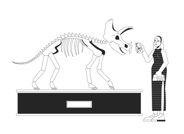 Mujer rubia mirando la exhibición de fósiles de triceratops  Ilustración