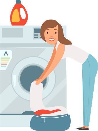 Mujer sacando ropa de la lavadora  Ilustración