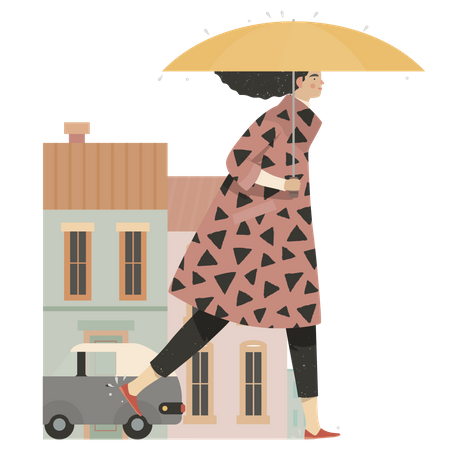 Mujer saliendo durante el monzón  Ilustración