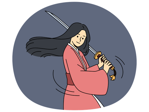 Mujer samurái con katana conoce artes marciales asiáticas y entrena dispuesta a competir  Ilustración