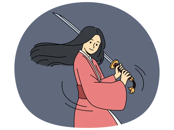Mujer samurái con katana conoce artes marciales asiáticas y entrena dispuesta a competir  Ilustración
