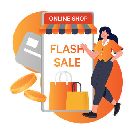 Mujer corre a una venta flash  Ilustración
