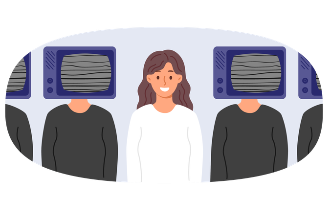 Mujer parada entre personas con televisión en lugar de cabeza, regocijándose por su incapacidad de responder a la propaganda  Ilustración