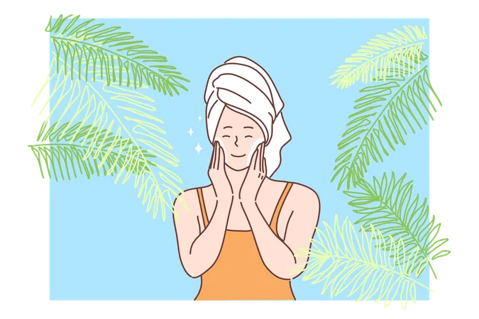 La mujer está aplicando crema facial  Ilustración