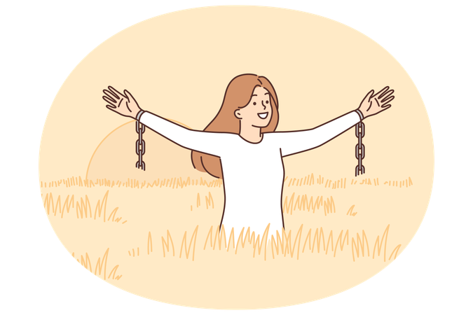 Una mujer siente libertad parada en un campo entre la hierba alta y agitando los brazos con fragmentos de cadenas.  Illustration