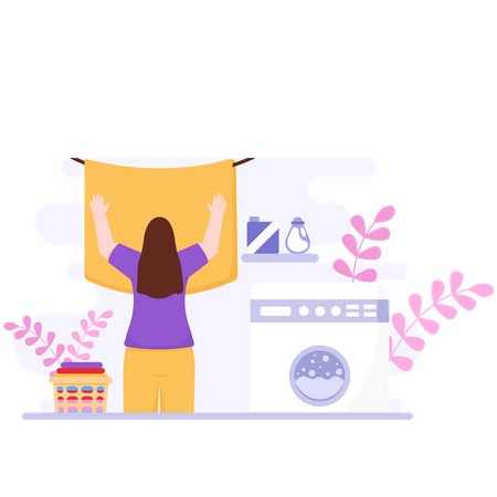 Mujer secando la ropa  Ilustración