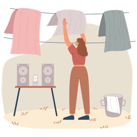 Mujer secando ropa mojada  Ilustración