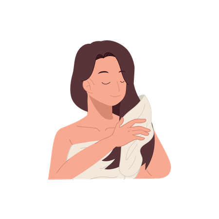 Mujer secándose el cabello con una toalla después de lavarlo  Ilustración