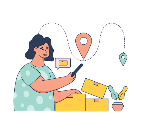 Mujer rastreando la ubicación del paquete a través de una aplicación móvil  Ilustración