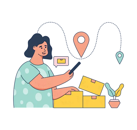 Mujer rastreando la ubicación del paquete a través de una aplicación móvil  Ilustración