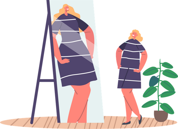 Mujer segura con autopercepción distorsionada mirando en el espejo  Ilustración