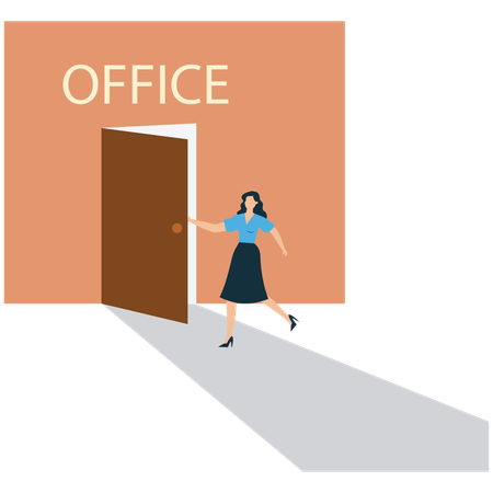 Mujer segura de sí misma entrando a la oficina para un nuevo comienzo  Ilustración