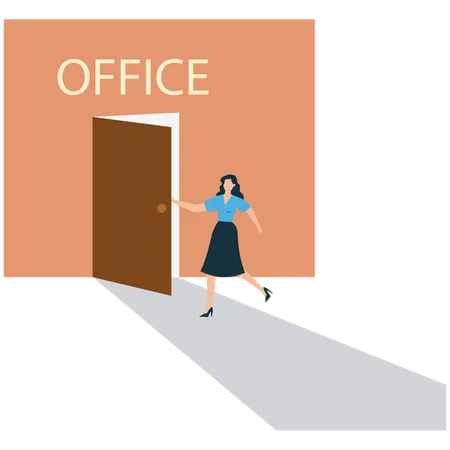 Mujer segura de sí misma entrando a la oficina para un nuevo comienzo  Ilustración