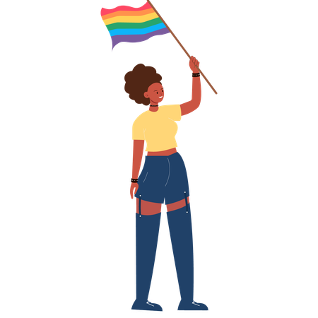 Mujer Segura Sosteniendo La Bandera Del Arco Iris Celebrando La Diversidad  Ilustración