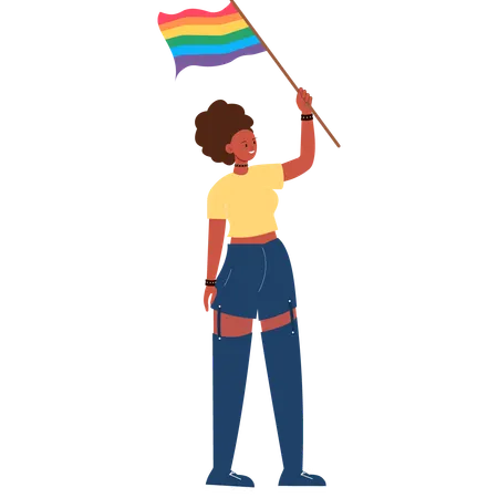 Mujer Segura Sosteniendo La Bandera Del Arco Iris Celebrando La Diversidad  Ilustración