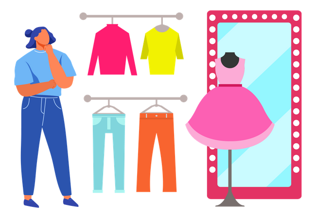 Mujer seleccionando vestido para probar  Ilustración