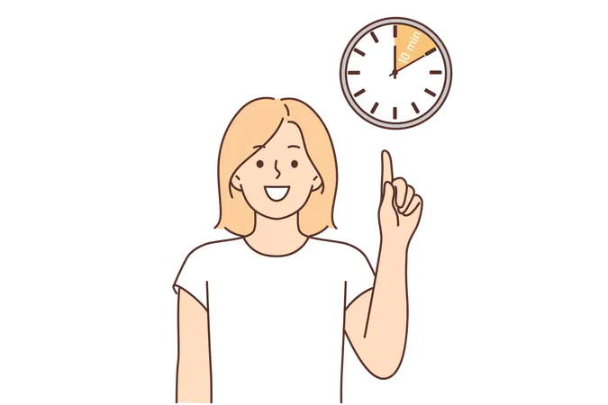 Mujer señala con el dedo el reloj  Ilustración