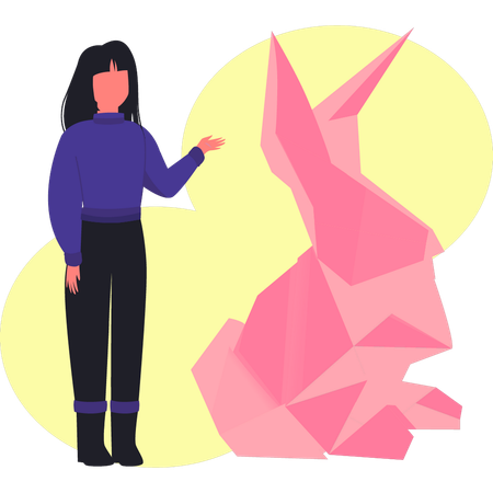 Mujer señalando un conejo de origami  Ilustración