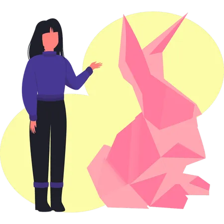 Mujer señalando un conejo de origami  Ilustración