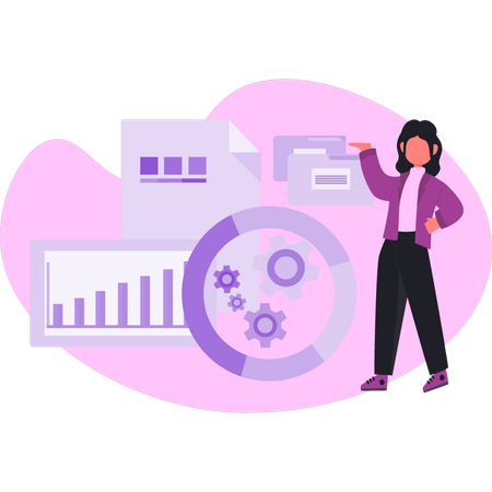 Mujer señalando la configuración del gráfico circular  Ilustración