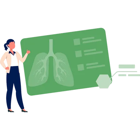 Mujer apuntando a la estructura de los pulmones  Ilustración