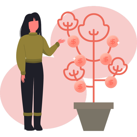 Mujer señalando un árbol de criptomonedas  Ilustración