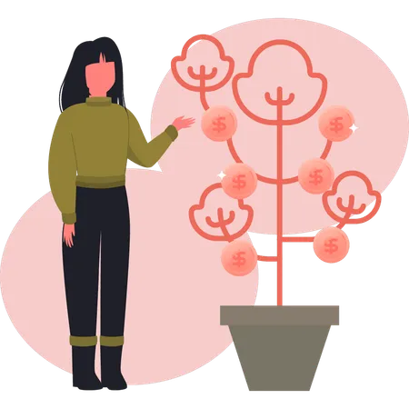 Mujer señalando un árbol de criptomonedas  Ilustración