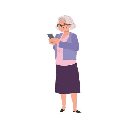 Mujer mayor charlando y navegando en un teléfono inteligente  Ilustración