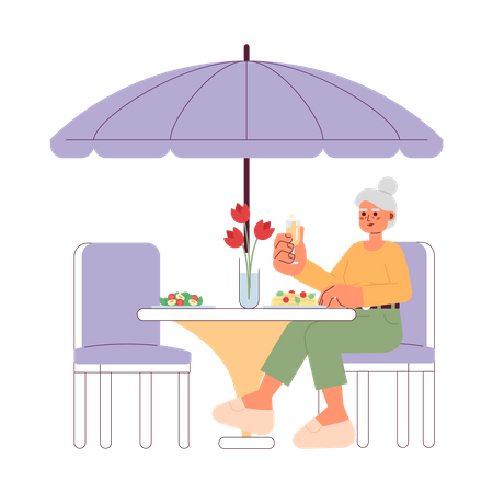 Mujer mayor comiendo una cena elegante  Ilustración