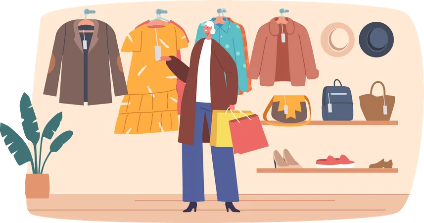 Mujer mayor elige ropa en la tienda  Ilustración