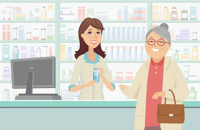 Mujer mayor en la farmacia  Ilustración