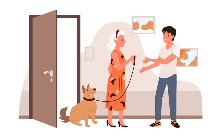 Mujer mayor entrega mascota al hombre  Ilustración