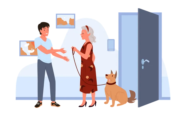 Mujer mayor entrega perro al hombre  Ilustración