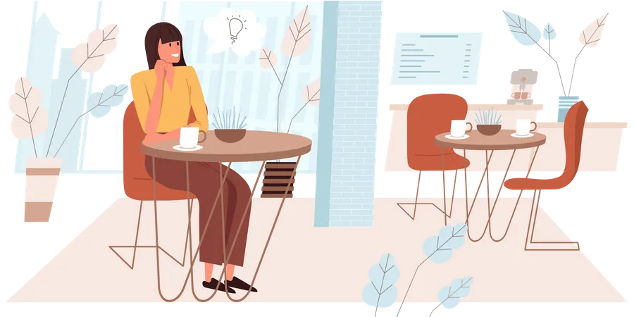 Mujer sentada a la mesa en la cafetería  Ilustración