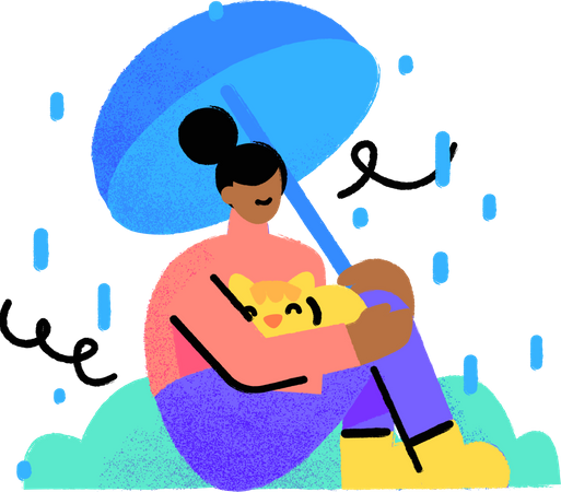 La mujer se sienta bajo el paraguas durante la lluvia  Ilustración