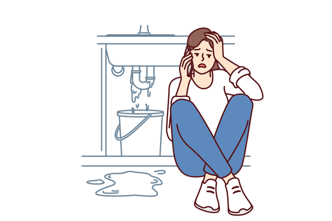 Una mujer se sienta cerca de un lavabo con fugas en el baño  Ilustración