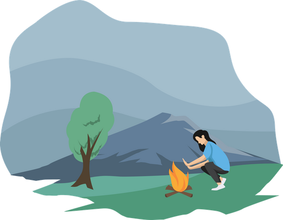 Mujer sentada cerca del fuego de camping  Ilustración