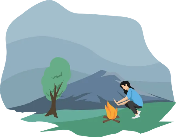 Mujer sentada cerca del fuego de camping  Ilustración