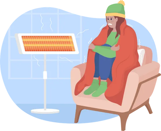 Mujer sentada cerca del calentador en casa  Ilustración