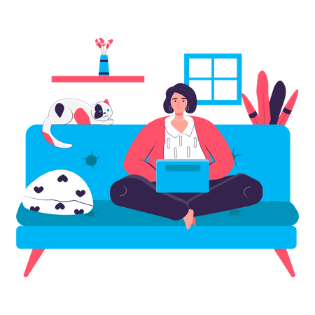 Mujer sentada con una computadora portátil en el sofá de la habitación  Ilustración