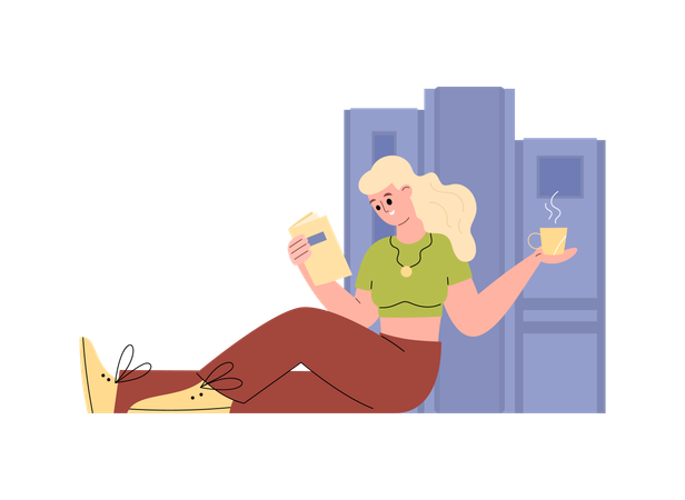 Mujer sentada con un libro y una taza de bebida caliente  Ilustración